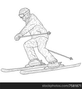 Mountain slalom skier silhouette sketch on white background.. Mountain slalom skier silhouette sketch on white background