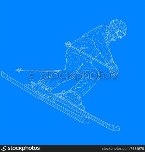 Mountain slalom skier silhouette sketch on white background.. Mountain slalom skier silhouette sketch on white background