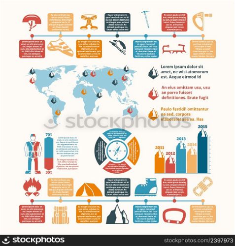 Mountain summit ascent records world map and climbing equipment development infographic chart layout presentation abstract vector illustration. Mountain climber equipment inforgraphic presentation