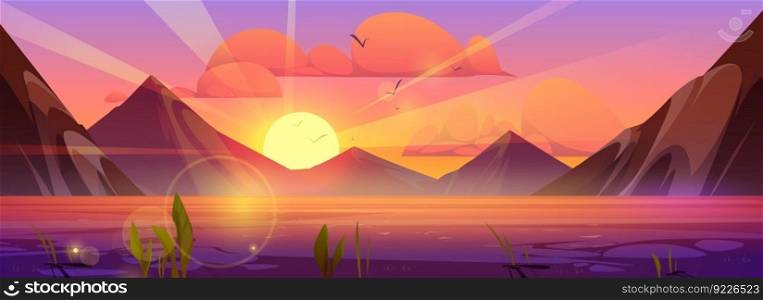 Mountain sunset landscape with lake view. Vector cartoon evening illustration of beautiful natural scene with rocky Alpine range, clear water in river, birds flying in pink sky with orange clouds.. Summer sunset mountain landscape with lake