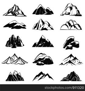 Mountain symbols. Silhouette mountains with range snow labels, abstract alpen hills. Hiking, exploring and camping emblems vector peak rock top set for expedition adventure. Mountain symbols. Silhouette mountains with range snow labels, abstract alpen hills. Hiking, exploring and camping emblems vector set