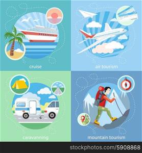 Mountain tourism. Caravaning tourism. Cruise ship and clear blue water. Water tourism. Detailed airplane flying through clouds in the blue sky in cartoon design style