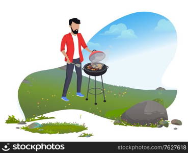 Mountain tourism, man cooking sausages on grill or BBQ vector. Outdoor recreation and wild nature, barbecue party, summer activity, roasted food, weekend. Man Cooking Sausages on Grill, Mountain Tourism