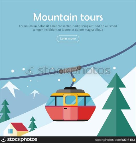 Mountain Tours Concept Banner. Funicular Railway,. Mountain tours conceptual web banner. Funicular railway, cable railway car on winter landscape background. Ski lift, trolley car, transportation tourism, travel cabin, winter vacation, ropeway. Vector