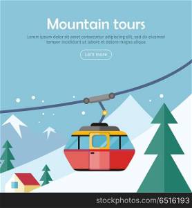 Mountain Tours Concept Banner. Funicular Railway,. Mountain tours conceptual web banner. Funicular railway, cable railway car on winter landscape background. Ski lift, trolley car, transportation tourism, travel cabin, winter vacation, ropeway. Vector