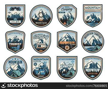 Mountain travel, tourism, c&ing active leisure isolated vector icons. Hiking tools, travel trailer and tent, backpack expedition equipment. Compass, binoculars and tourism clothing, skis labels set. Mountain travel, tourism, c&ing leisure icons