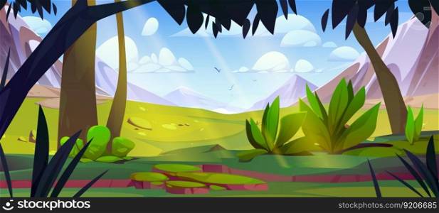 Mountain valley at sunny day. Nature landscape with forest trees and plants, green grass and rocks with ice and snow at summer, flying birds in blue sky with clouds, vector cartoon illustration. Mountain valley with trees and rocks sunny day