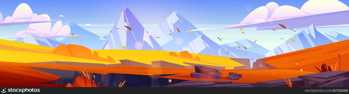 Mountain valley cartoon autumn landscape, beautiful nature background with orange rocky surface under blue sky with clouds, snowy peaks and falling leaves, scenery fall view, Vector illustration. Mountain valley cartoon autumn landscape, nature