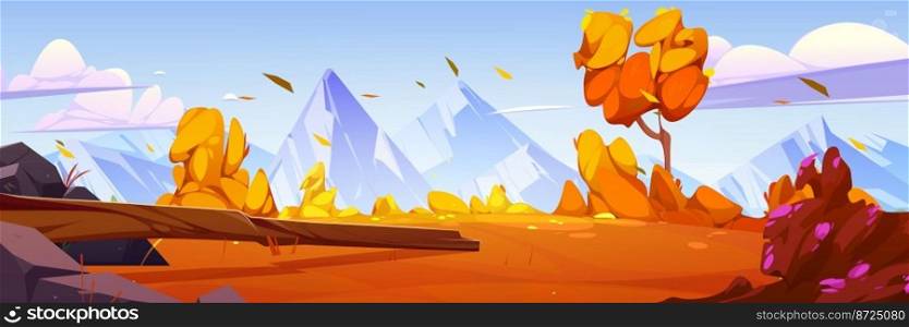 Mountain valley cartoon autumn landscape, nature background with orange rocky surface under blue sky with clouds, snowy peaks and falling leaves, beautiful scenery fall view, Vector illustration. Mountain valley cartoon autumn landscape, nature