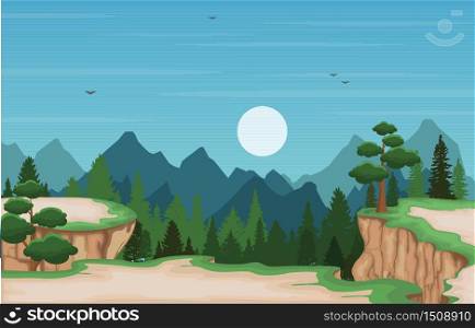 Mountain Valley Cliff Tree Nature Landscape Vector Illustration