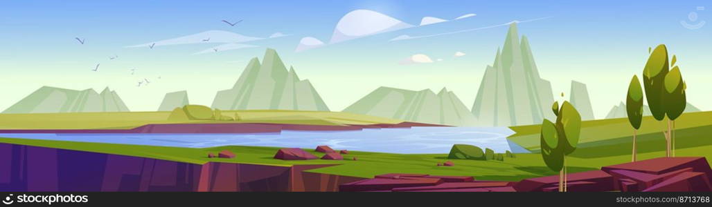 Mountain valley landscape with river, trees and rock cliff. Vector cartoon illustration of summer nature panorama with green grass, lake with blue water, stones and fissure in ground. Mountain valley landscape with river and trees