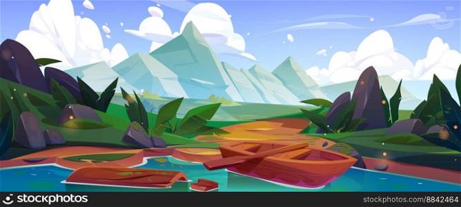 Mountain valley scene with lake and boat. Nature panorama, summer landscape with wooden boat, river, meadows with green grass and stones, hills and rocks on horizon, vector cartoon illustration. Mountain valley scene with lake and boat