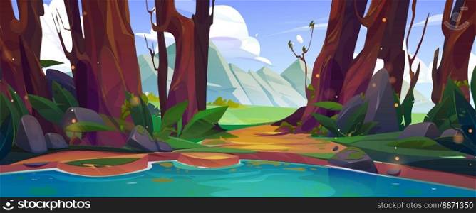 Mountain valley scene with lake and floating log. Nature panorama, summer landscape with river, meadows with green grass and stones, hills and rocks on horizon, vector cartoon illustration. Mountain valley scene with lake and floating log