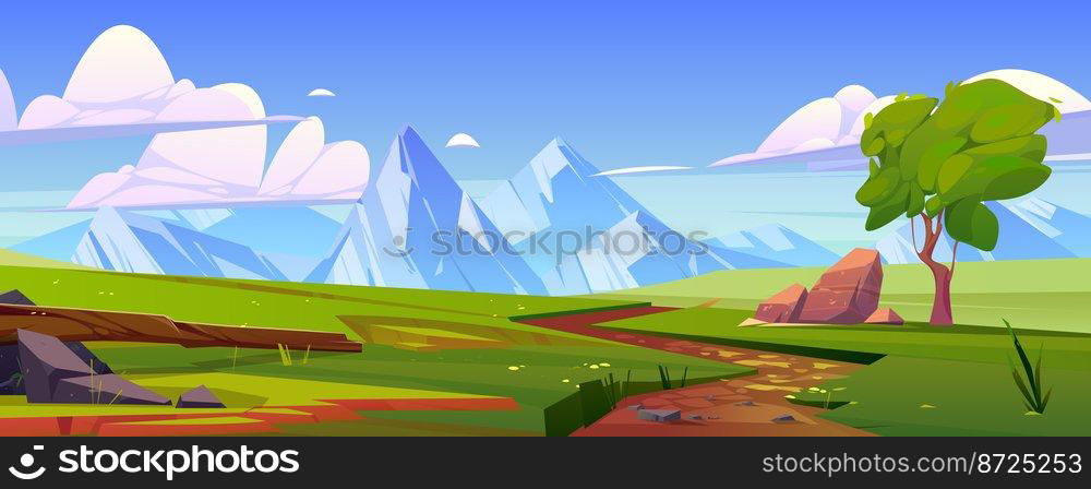 Mountain valley with green fields, tree, path and rocks on horizon. Summer landscape of meadows, grassland with stones and road, vector cartoon illustration. Mountain valley with green fields, tree, path
