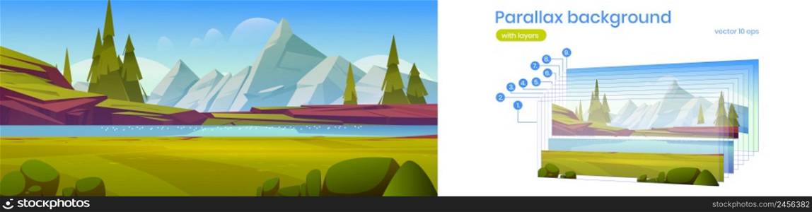 Mountain valley with river, green grass and firs. Vector parallax background ready for 2d animation with cartoon illustration of summer landscape with water stream, conifers and rocks. Parallax background with mountain valley and river