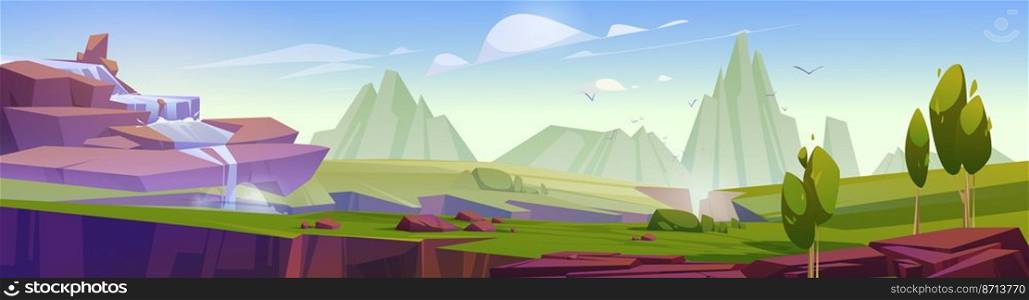 Mountain valley with waterfall, cracks in ground and trees. Vector cartoon panoramic illustration of summer landscape with green grass, rocks and water stream falling from cliff. Mountain valley with waterfall, cracks in ground