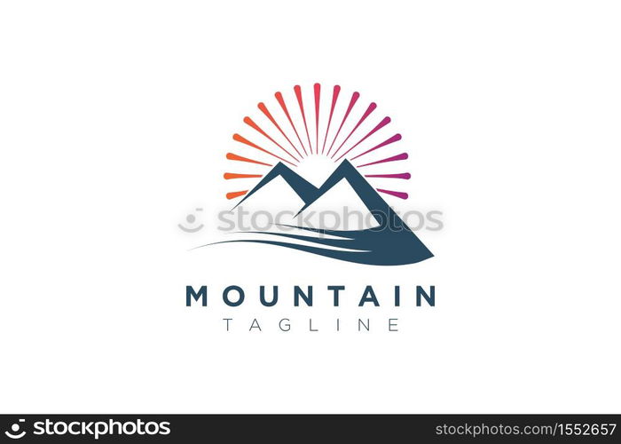 Mountain vector design with the sun in a minimalist and simple shape.