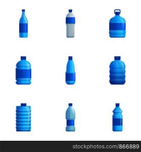 Mountain water bottle icon set. Cartoon set of 9 mountain water bottle vector icons for web design isolated on white background. Mountain water bottle icon set, cartoon style