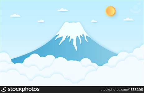 Mountain with bright sun and blue sky, paper art style