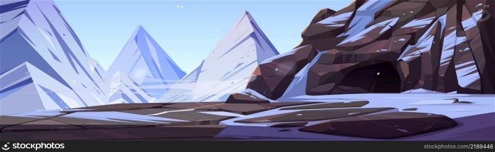 Mountain with entrance to cave or tunnel. Vector cartoon illustration of winter landscape with rocks, ledge with snow, deep stone cavern or mine, high cliffs and ice peaks. Mountain with entrance to cave or tunnel