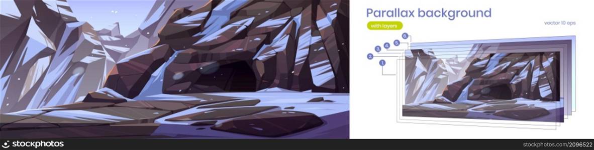Mountain with entrance to dark cave or mine. Vector parallax background for 2d animation with cartoon illustration of winter landscape with rocks, snow and deep stone cavern. Parallax background with mountains, cave and snow