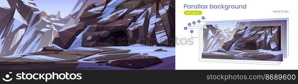 Mountain with entrance to dark cave or mine. Vector parallax background for 2d animation with cartoon illustration of winter landscape with rocks, snow and deep stone cavern. Parallax background with mountains, cave and snow
