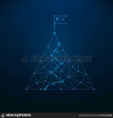 Mountain with flag connection futuristic lighting blue dots. Business achievement concept. Abstract mountains with glowing low polygonal elements. Successful goal symbol. Futuristic illustration. 