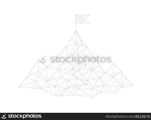Mountain with flag connection gray dots. Business achievement concept. Abstract mountains with low polygonal elements. Successful goal symbol. Vector illustration isolated on white. 