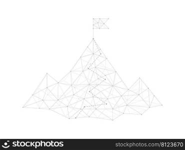Mountain with flag connection gray dots. Business achievement concept. Abstract mountains with low polygonal elements. Successful goal symbol. Vector illustration isolated on white. 