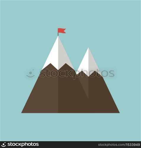 Mountain with flag, success icon isolated on white background. Vector illustration