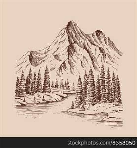 Mountain with pine trees and lake landscape. Hand drawn illustration converted to vector.