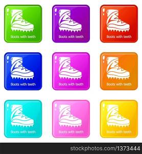 Mountaineer shoes icons set 9 color collection isolated on white for any design. Mountaineer shoes icons set 9 color collection