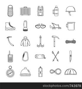Mountaineering equipment icons set. Outline illustration of 25 mountaineering equipment vector icons for web. Mountaineering equipment icons set, outline style