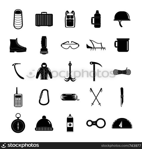 Mountaineering equipment icons set. Simple illustration of 25 mountaineering equipment vector icons for web. Mountaineering equipment icons set, simple style