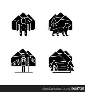 Mountaineering in Nepal black glyph icons set on white space. Trekking peaks. Himalayan folklore. Snow leopard. Shey Phoksundo national park. Silhouette symbols. Vector isolated illustration. Mountaineering in Nepal black glyph icons set on white space