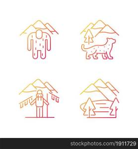 Mountaineering in Nepal gradient linear vector icons set. Trekking peaks. Himalayan folklore. Snow leopard. National park. Thin line contour symbols bundle. Isolated outline illustrations collection. Mountaineering in Nepal gradient linear vector icons set