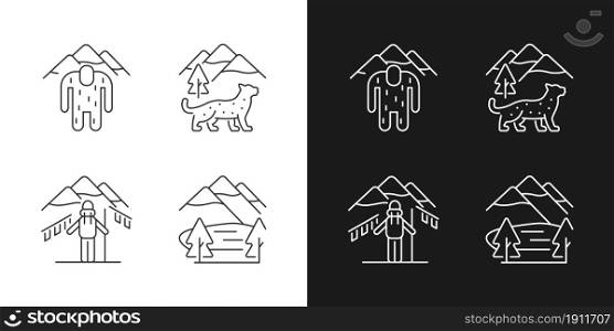 Mountaineering in Nepal linear icons set for dark and light mode. Trekking peaks. Himalayan folklore. Customizable thin line symbols. Isolated vector outline illustrations. Editable stroke. Mountaineering in Nepal linear icons set for dark and light mode
