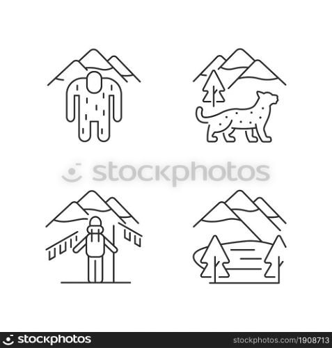 Mountaineering in Nepal linear icons set. Trekking peaks. Himalayan folklore. Snow leopard. Customizable thin line contour symbols. Isolated vector outline illustrations. Editable stroke. Mountaineering in Nepal linear icons set