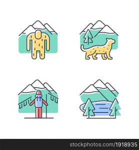Mountaineering in Nepal RGB color icons set. Trekking peaks. Himalayan folklore. Snow leopard. Shey Phoksundo national park. Isolated vector illustrations. Simple filled line drawings collection. Mountaineering in Nepal RGB color icons set