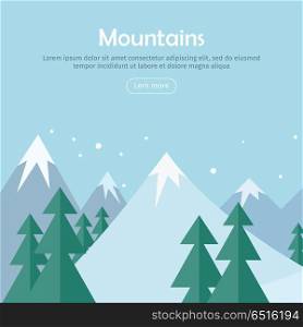 Mountaineering Mountain Climbing Alpinism concept. Mountains landscape web banner. Mountaineering mountain climbing Alpinism concept. Extreme hills in snowy high mountains. Sport season winter holiday resort. Blue sky and crystal white snow. Vector
