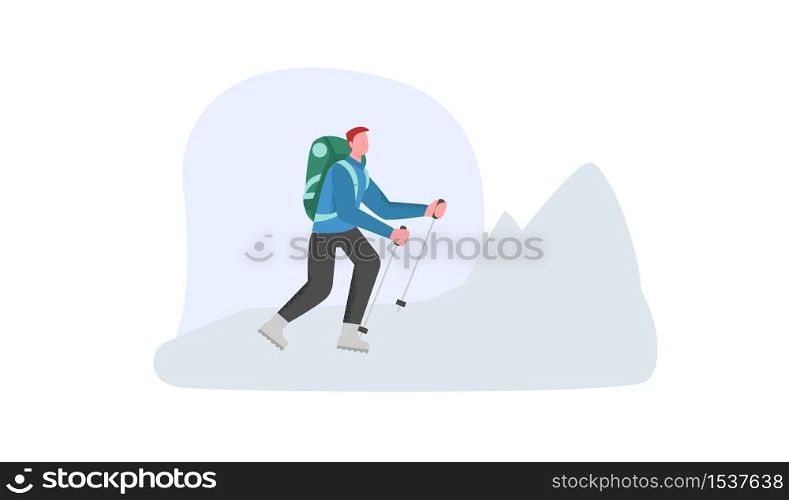 Mountaineering walking on a snowy mountain. Extreme mountain tourism concept, a climber traveler goes towards the top. Illustration of hiking made in flat style.. Mountaineering walking on a snowy mountain. Extreme mountain tourism