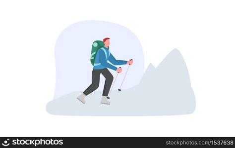 Mountaineering walking on a snowy mountain. Extreme mountain tourism concept, a climber traveler goes towards the top. Illustration of hiking made in flat style.. Mountaineering walking on a snowy mountain. Extreme mountain tourism