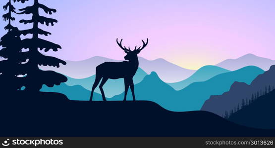 Mountains, alpine wild fallow deer and forest at sunrise. landscape with silhouettes. Vector illustration. hills, trees, mist, sun ray, elk with sunrise sky. For prints, posters, wallpapers background. Mountains, alpine wild fallow deer and forest at sunrise. landscape with silhouettes. Vector illustration