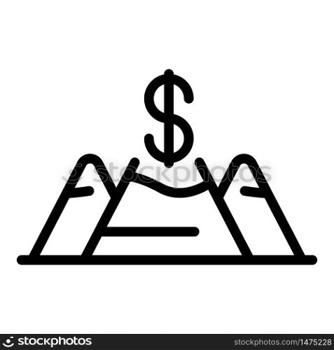 Mountains and dollar icon. Outline mountains and dollar vector icon for web design isolated on white background. Mountains and dollar icon, outline style