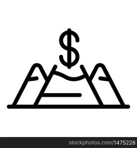 Mountains and dollar icon. Outline mountains and dollar vector icon for web design isolated on white background. Mountains and dollar icon, outline style