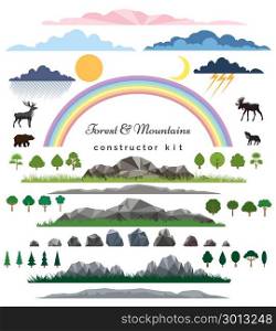Mountains and forest elements. Mountains and forest vector. Stone and rock, garden tree and grass, hill and animals ui elements for games constructor