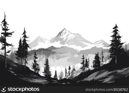 Mountains and forest hand drawn sketch. Vector illustration design.