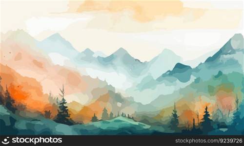Mountains and forest watercolor background. Vector illustration 