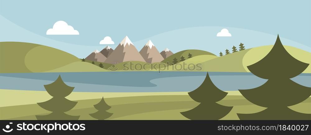 Mountains and lake landscape. Flat design background. Vector illustration