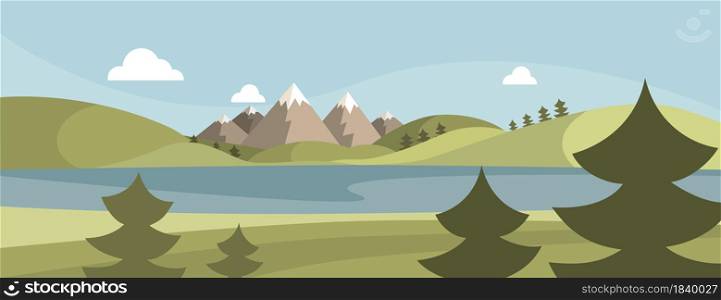 Mountains and lake landscape. Flat design background. Vector illustration